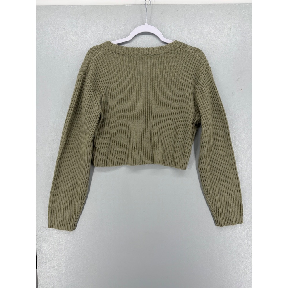 H&M Divided Womens Cardigan Olive Green Ribbed Cropped Knit Medium - Picture 3 of 5